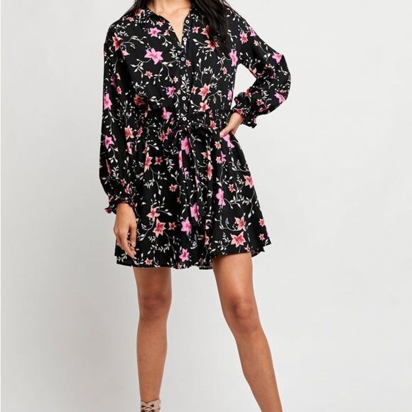 Free People Lighten Up Dress Floral on Black long sleeve with tie waist Sz XS - Picture 8 of 15